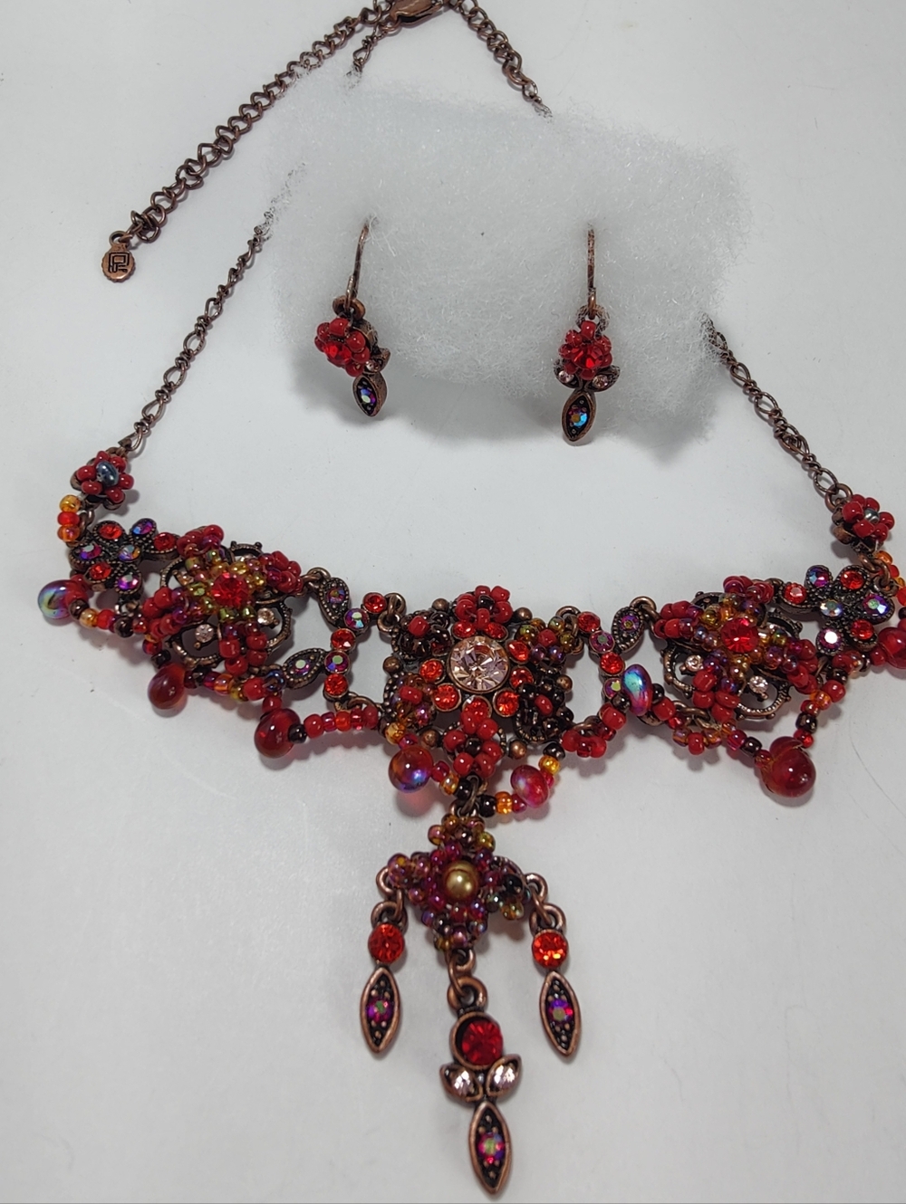 Vintage Unica Red Statement Necklace & Earring Set  16” Ornate Beaded